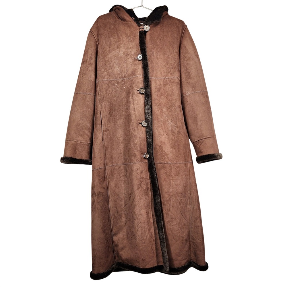 Gallery Womens Faux Shearling Hooded Long Coat Brown Faux Fur Trim Large RN36232